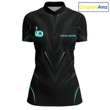 Load image into Gallery viewer, Black and teal bowling shirt with a logo and 'Your Name' text on a white background, branded with ChipteeAmz.