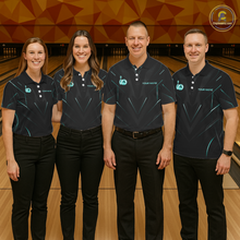 Load image into Gallery viewer, Four people in matching bowling alley uniforms standing on a bowling lane.