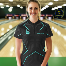 Load image into Gallery viewer, Woman wearing a black bowling shirt with teal accents in a bowling alley.