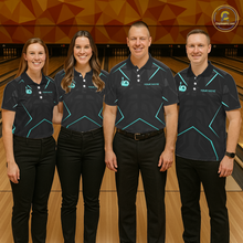 Load image into Gallery viewer, Four people in matching bowling shirts standing on a bowling lane.