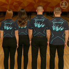 Load image into Gallery viewer, Four people wearing black shirts with 'Team Name' and bowling hand graphic on a bowling alley.