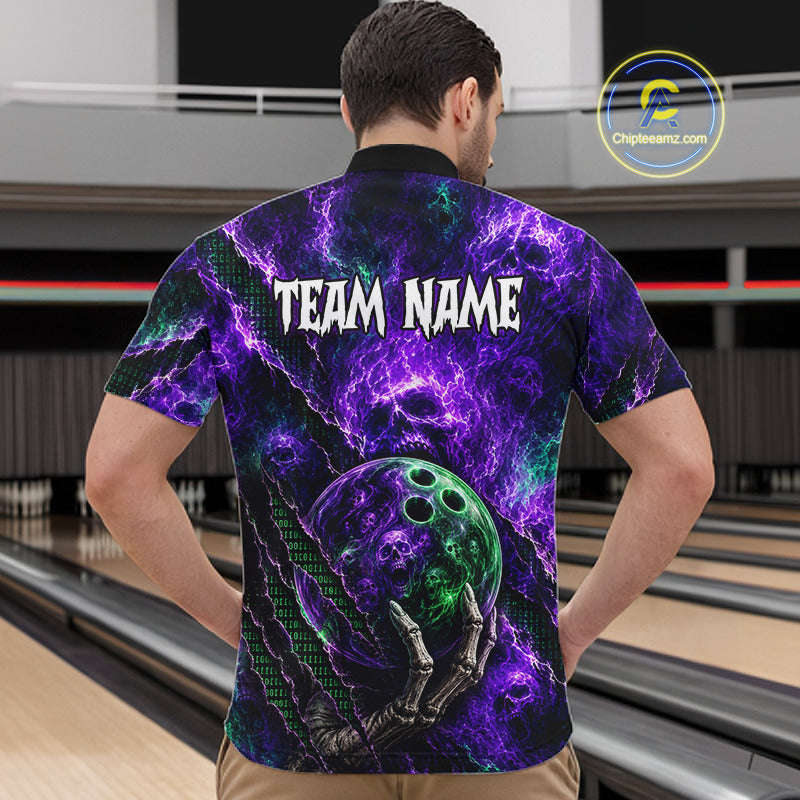 A man viewed from behind wearing a short-sleeve bowling-themed t-shirt with a purple and green lightning design, skeleton hand, and bowling ball graphic. The shirt has 'TEAM NAME' printed on the back.