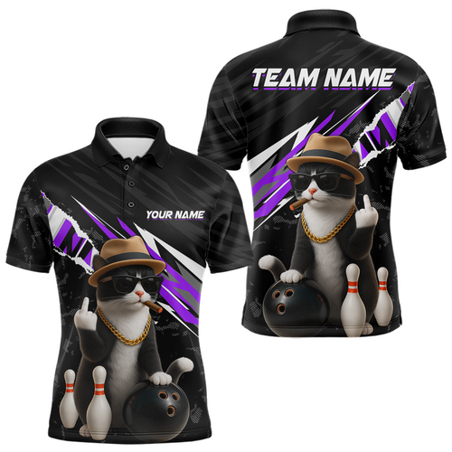 Custom Purple Funny Cat Bowling Jersey for Men Bowling Shirt Polo & 1/4 Zip Bowling Team Shirts HNT136