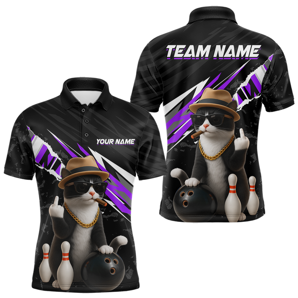 Custom Purple Funny Cat Bowling Jersey for Men Bowling Shirt Polo & 1/4 Zip Bowling Team Shirts HNT136