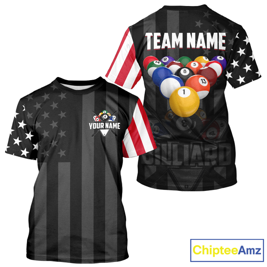 Two black t-shirts with American flag design and pool ball graphics, featuring 'Team Name' and 'Your Name' text.