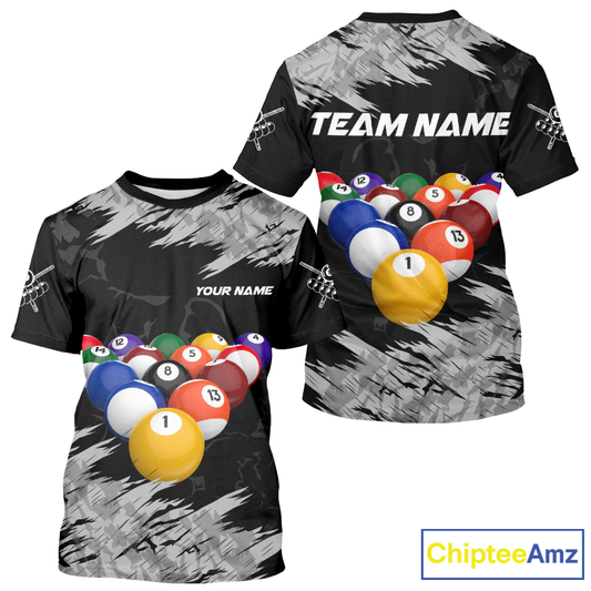 Two black t-shirts with colorful billiard ball design and customizable text on a white background.