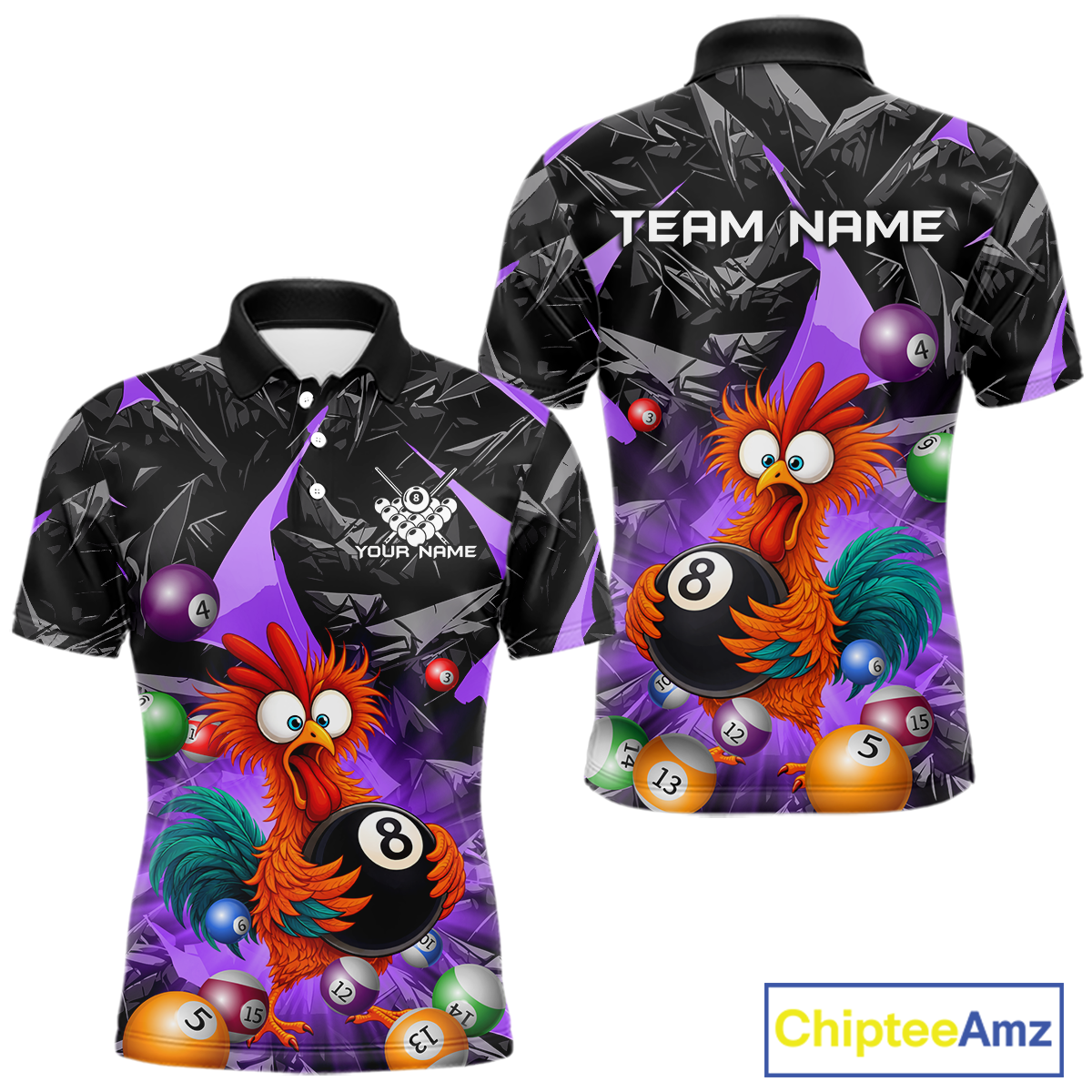 Custom Funny Purple Chicken 8 Ball Pool Billiard Shirt for Men Polo & 1/4 Zip, Billiard Team Jerseys NNT148