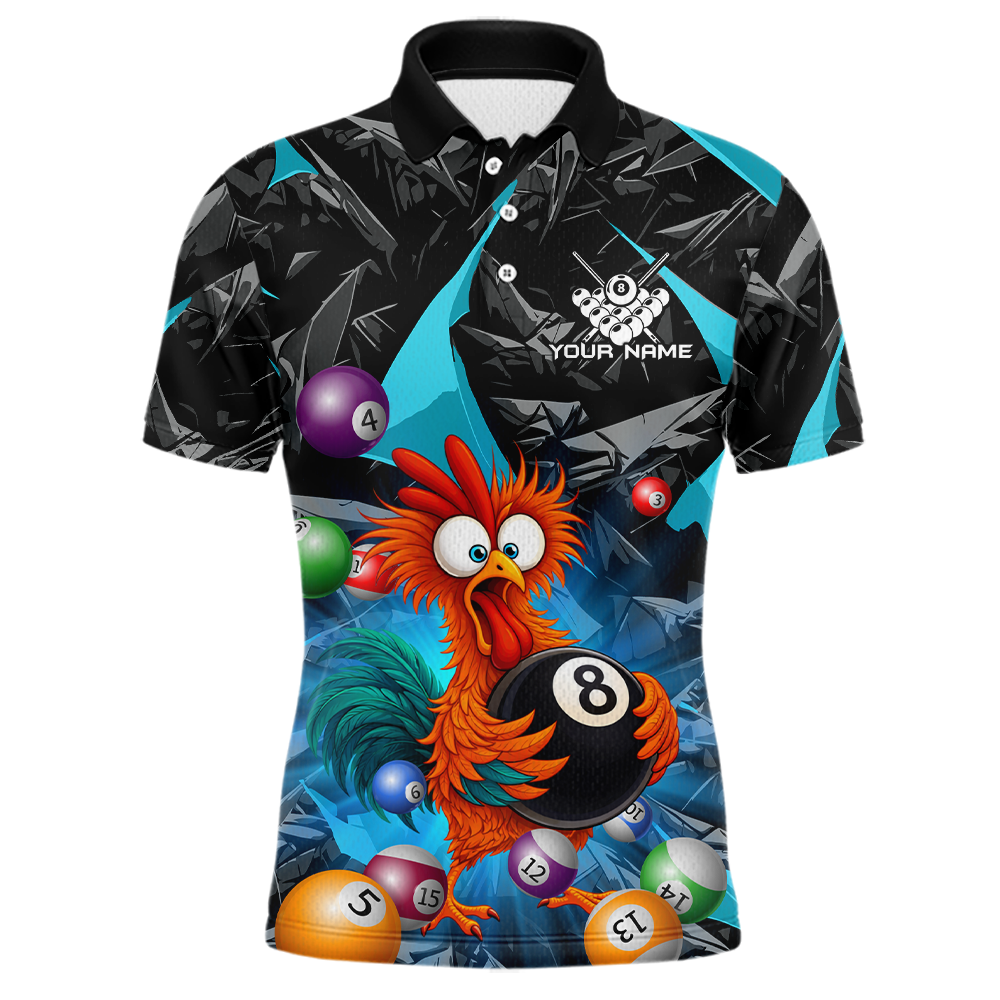 Custom Funny Turquoise Chicken 8 Ball Pool Billiard Shirt for Men Polo & 1/4 Zip, Billiard Team Jerseys NNT148
