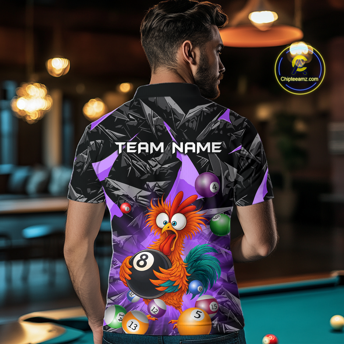 Custom Funny Purple Chicken 8 Ball Pool Billiard Shirt for Men Polo & 1/4 Zip, Billiard Team Jerseys NNT148