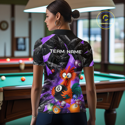 Custom Funny Purple Chicken 8 Ball Pool Billiard Shirt for Women Polo & 1/4 Zip, Billiard Team Jerseys NNT148
