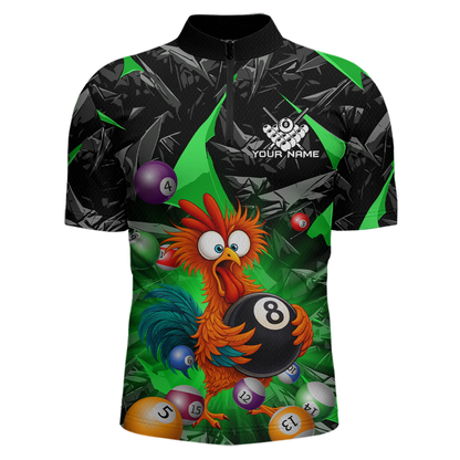 Custom Funny Green Chicken 8 Ball Pool Billiard Shirt for Men Polo & 1/4 Zip, Billiard Team Jerseys NNT148