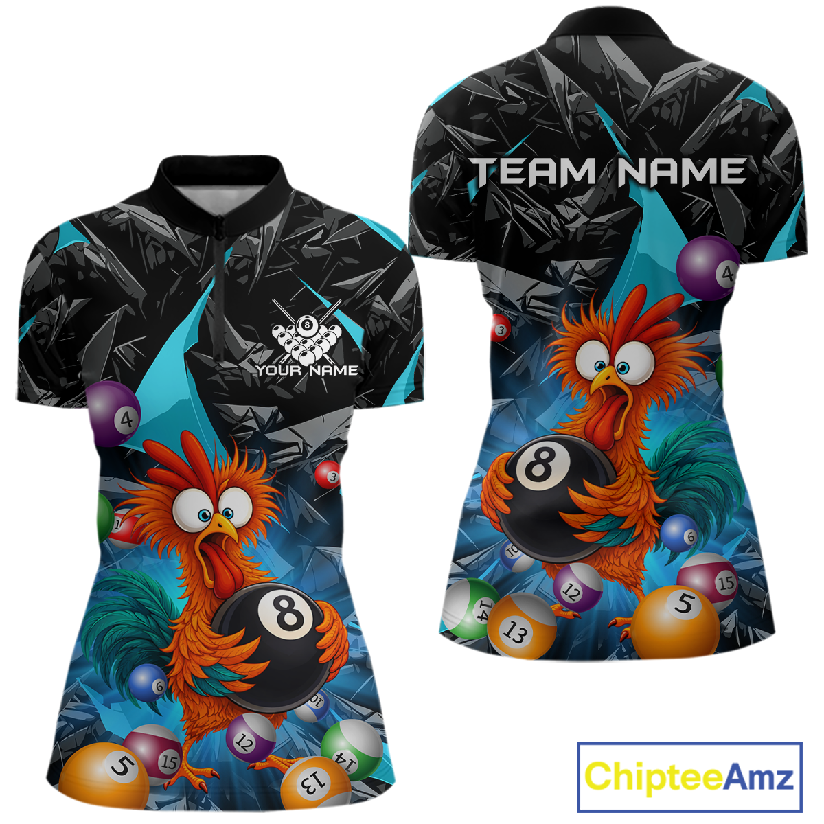 Custom Funny Turquoise Chicken 8 Ball Pool Billiard Shirt for Women Polo & 1/4 Zip, Billiard Team Jerseys NNT148