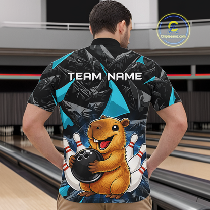 Custom Turquoise Capybara Bowling Jersey for Men Bowling Team Shirts Bowling Polo & 1/4 Zip HNT255