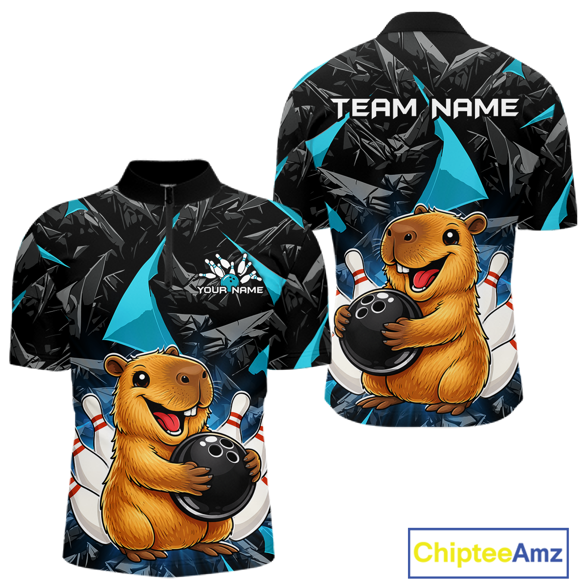 Custom Turquoise Capybara Bowling Jersey for Men Bowling Team Shirts Bowling Polo & 1/4 Zip HNT255