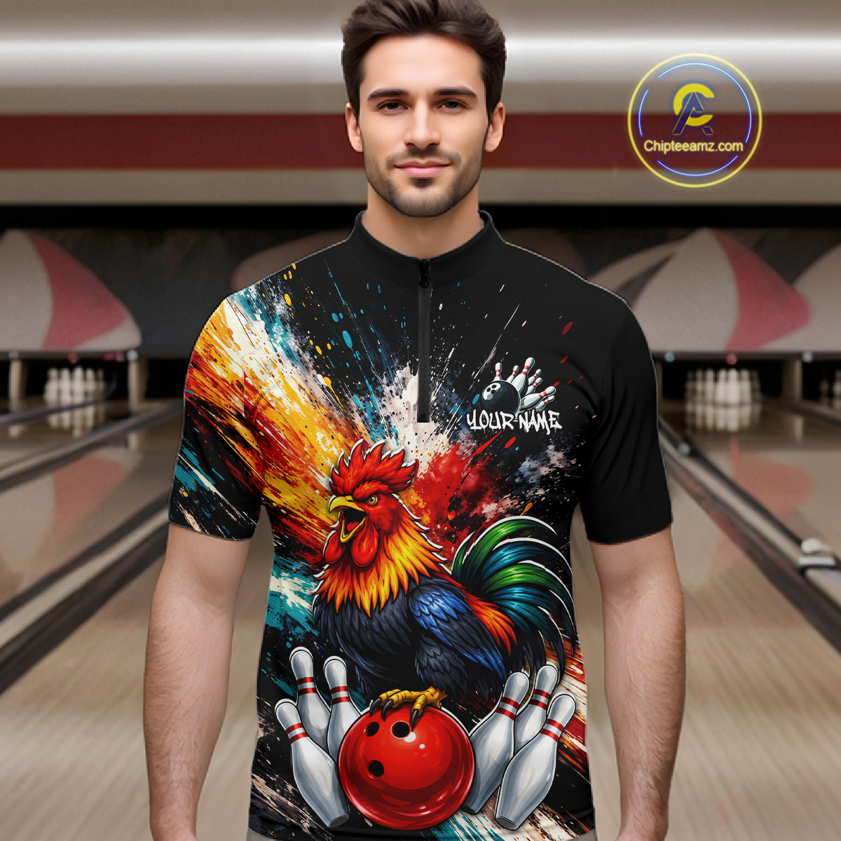 Custom Funny Rooster Bowling Jersey for Men Bowling Team Shirts Bowling Polo & 1/4 Zip HNT256