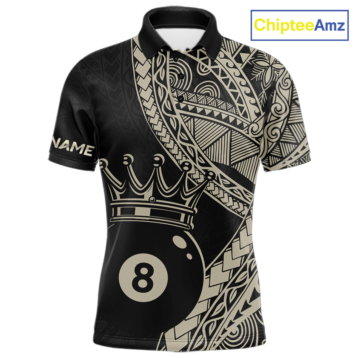 Men’s fitted polo dress in black and gold tones with layered Polynesian-style designs, abstract geometric textures, and a large crowned 8-ball centerpiece.