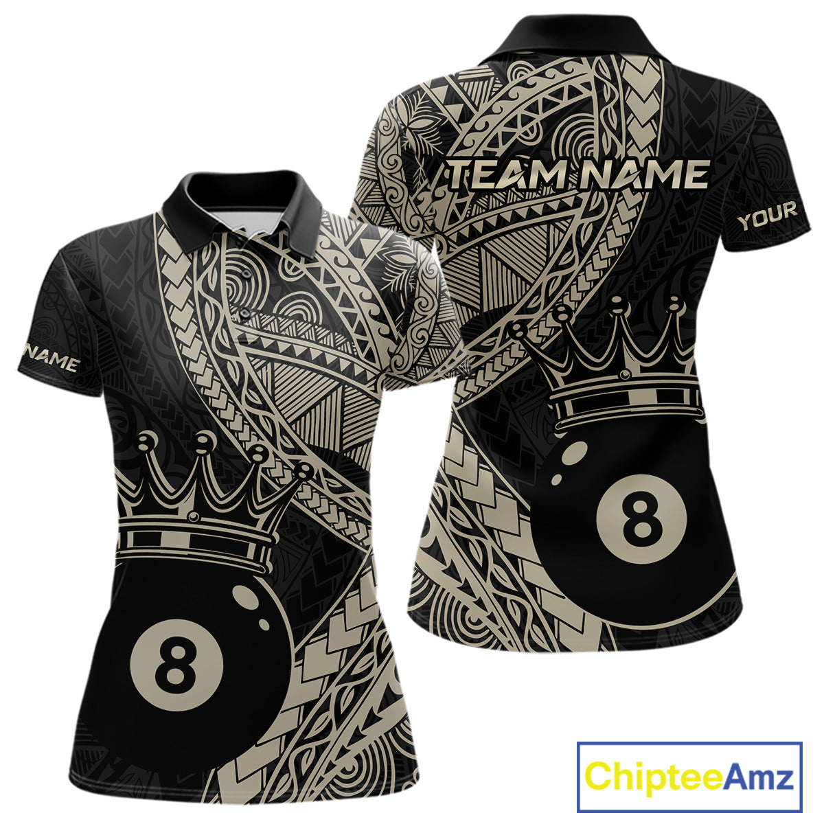 Women’s fitted polo dress in black and gold tones with layered Polynesian-style designs, abstract geometric textures, and a large crowned 8-ball centerpiece.