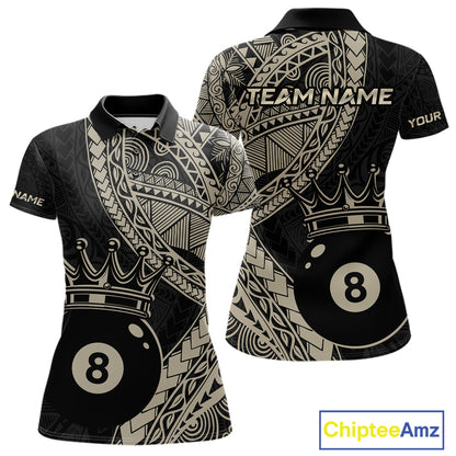 Women’s fitted polo dress in black and gold tones with layered Polynesian-style designs, abstract geometric textures, and a large crowned 8-ball centerpiece.