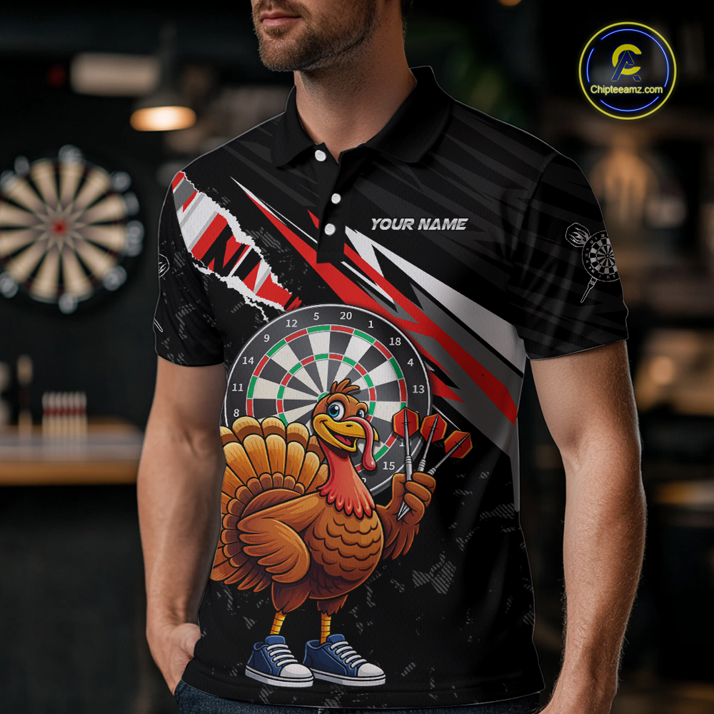 Red Funny Turkey Chicken Darts Shirt for Men Darts Team Jerseys Polo & 1/4 Zip Dart League NNT130