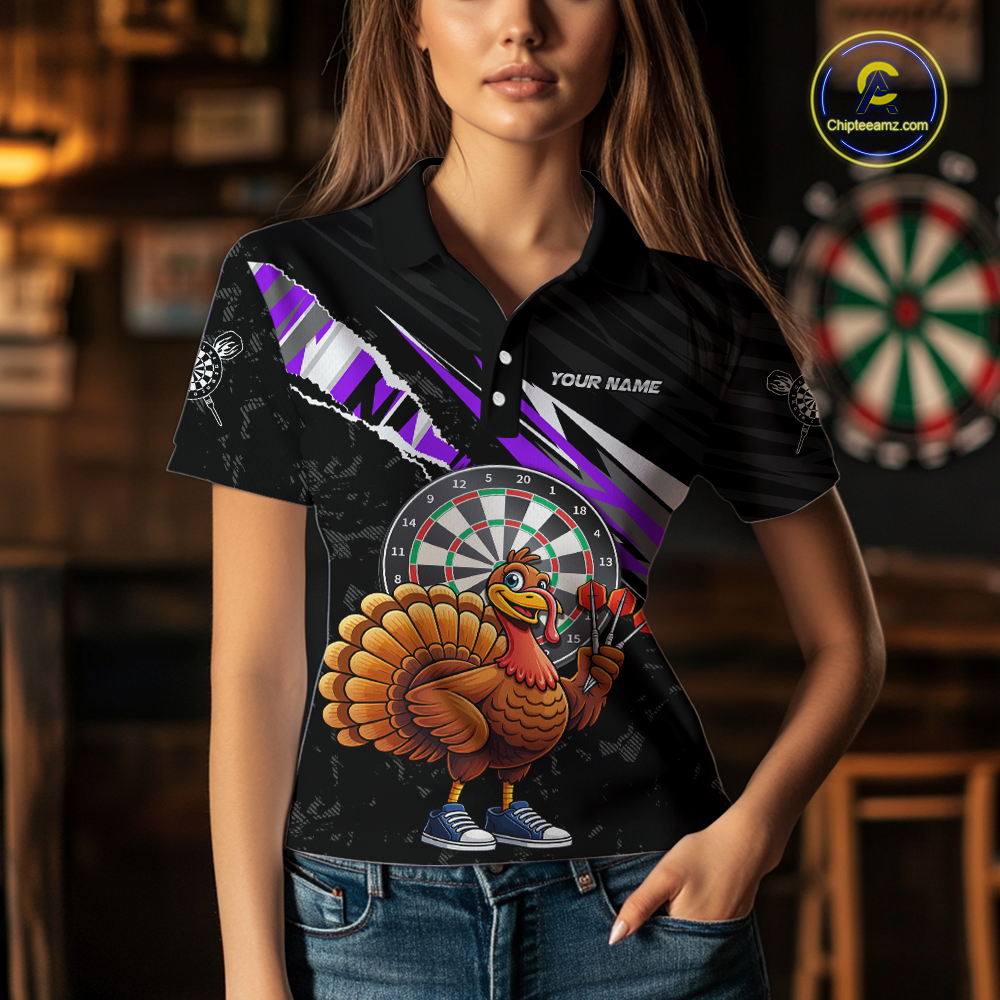 Purple Funny Turkey Chicken Darts Shirt for Women Darts Team Jerseys Polo & 1/4 Zip Dart League NNT130
