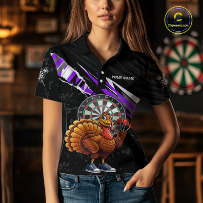 Purple Funny Turkey Chicken Darts Shirt for Women Darts Team Jerseys Polo & 1/4 Zip Dart League NNT130
