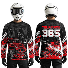 Load image into Gallery viewer, Men wearing personalized racing shirt with an off-road vehicle integrated into tire track patterns, racing graphics, and custom name details.