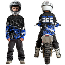 Load image into Gallery viewer, Kid wearing personalized racing shirt with an off-road vehicle integrated into tire track patterns, racing graphics, and custom name details.