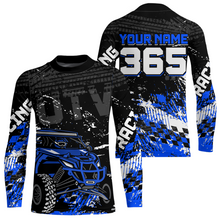 Load image into Gallery viewer, Front and back view personalized racing shirt with an off-road vehicle integrated into tire track patterns, racing graphics, and custom name details.