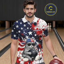 Load image into Gallery viewer, Man wearing a patriotic-themed polo shirt with a cat design in a bowling alley.