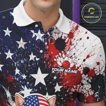 Load image into Gallery viewer, Polo shirt with American flag design, bowling elements, and 'Your Name' text.