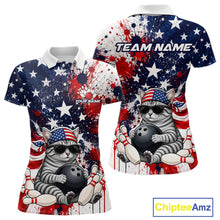 Load image into Gallery viewer, 
Front and back views of a patriotic bowling polo featuring a sunglasses-wearing orange tabby cat with an American flag bandana, bowling ball and pins, plus personalized name and team name text.