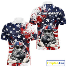 Load image into Gallery viewer, Front and back views of a patriotic bowling polo featuring a sunglasses-wearing orange tabby cat with an American flag bandana, bowling ball and pins, plus personalized name and team name text.