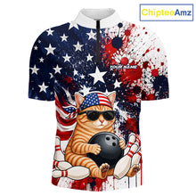 Load image into Gallery viewer, Front and back views of a patriotic bowling quarter zip featuring a sunglasses-wearing orange tabby cat with an American flag bandana, bowling ball and pins, plus personalized name and team name text.