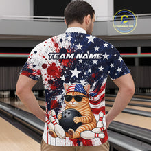 Load image into Gallery viewer, Person wearing a colorful shirt with a cat graphic and 'Team Name' text in a bowling alley.