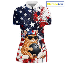 Load image into Gallery viewer, Polo shirt with a cat design holding a bowling ball on an American flag background, branded 'ChipteeAmz'.