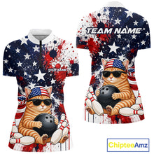 Load image into Gallery viewer, Bowling jersey with a cat design, American flag pattern, and 'Team Name' text on a white background.