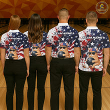 Load image into Gallery viewer, Four people wearing matching bowling shirts with a patriotic design on a bowling alley.