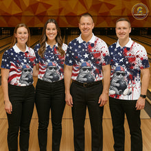 Load image into Gallery viewer, Four people wearing matching bowling shirts with a patriotic design on a bowling alley.