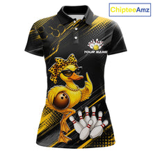 Load image into Gallery viewer, Black and yellow bowling-themed polo shirt with a duck design, featuring the brand 'ChipteeAmz'.