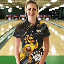 Load image into Gallery viewer, Woman wearing a bowling shirt with a duck design in a bowling alley.