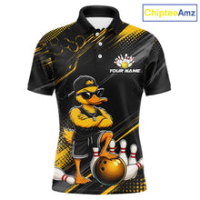 Load image into Gallery viewer, Black and yellow polo shirt with a duck bowling design and 'ChipteeAmz' branding.