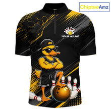 Load image into Gallery viewer, Black and yellow bowling shirt with cartoon duck character and 'ChipteeAmz' branding.