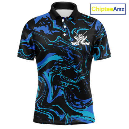 Front views of a men’s black billiards polo with turquoise and teal marble patterns
