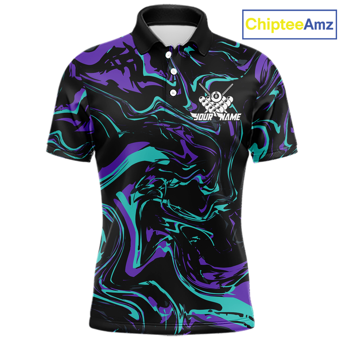 Front views of a men’s black billiards polo with purple and teal marble patterns