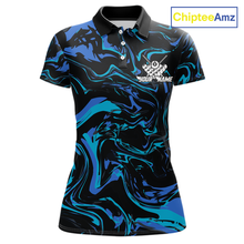 Load image into Gallery viewer, Front and back views of a women’s black billiards polo with turquoise and teal marble patterns, custom team text, and a large 8-ball graphic on the back.