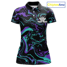 Load image into Gallery viewer, Front and back views of a women’s black billiards polo with purple and teal marble patterns