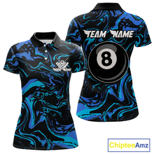 Load image into Gallery viewer, Front and back views of a women’s black billiards polo with turquoise and teal marble patterns, custom team text, and a large 8-ball graphic on the back.