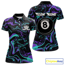 Load image into Gallery viewer, Front and back views of a women’s black billiards polo with purple and teal marble patterns, custom team text, and a large 8-ball graphic on the back.