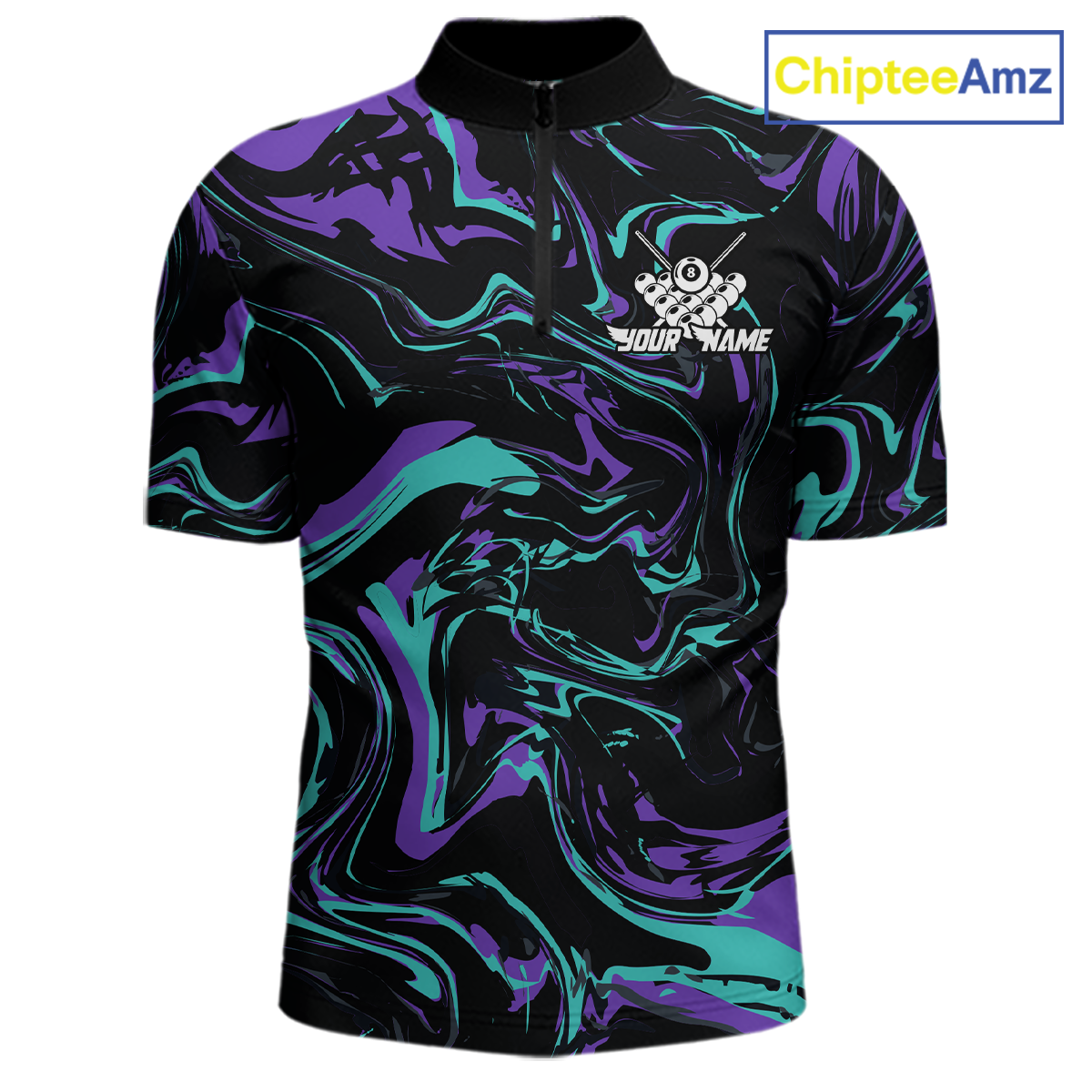 Front views of a men’s black billiards quarter zip with purple and teal marble patterns