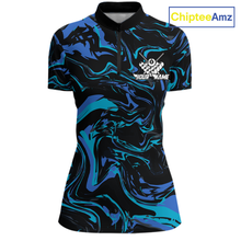 Load image into Gallery viewer, Front and back views of a women’s black billiards quarter zip with turquoise and teal marble patterns, custom team text, and a large 8-ball graphic on the back.